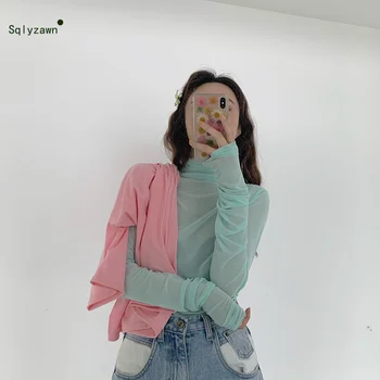 Kvinder koreanske Streetwear Sød Solid Gennemsigtig Plisserede Lange Ærmer Turtle Neck Top Kvindelige Slik-farvede Alle-match Mesh Øverste Tee