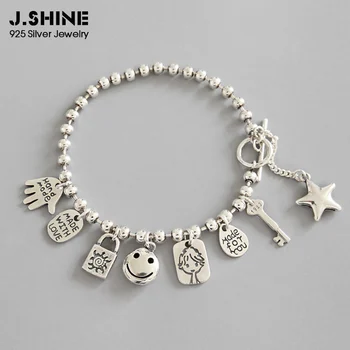 JShine Smarte 925 Sterling Sølv Armbånd Damer Sølv-Perle-Kæde Armbånd Smil Ansigt Lock-Tasten Hånd Vedhæng Venskab Armbånd