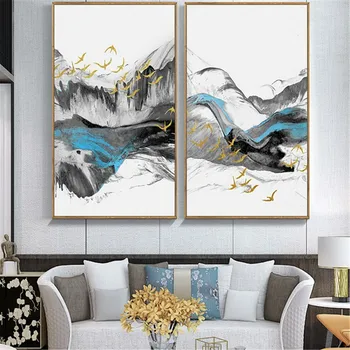 Bjergene Floden Gyldne Fugle Landskab Plakat Tryk På Lærred Maleri På Væg Kunst, Stue, Boligindretning