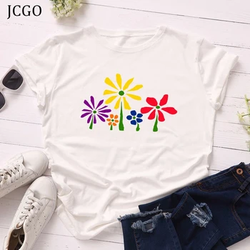JCGO Sommer Bomuld Kvinder T-Shirt 4XL 5XL Plus Size Blomster Print Korte Ærmer Kvinder Tees Toppe Afslappet O-Hals Kvindelige Enkle t-shirts