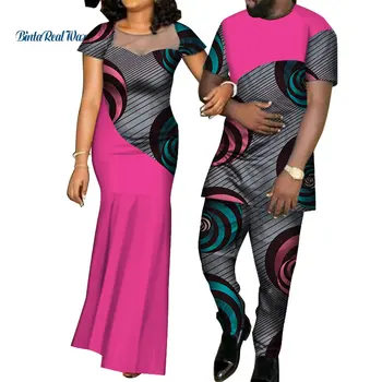 Afrikanske Kjoler til Kvinder Bazin Herre Skjorte og Bukser Sæt Elsker Par Tøj Print Garn Kjole Afrikansk Design Tøj WYQ126