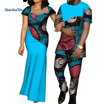 Afrikanske Kjoler til Kvinder Bazin Herre Skjorte og Bukser Sæt Elsker Par Tøj Print Garn Kjole Afrikansk Design Tøj WYQ126