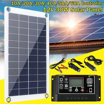 30 WATT 12V Professionel solpanel Kit 2 USB-Port Off Grid Monokrystallinske Modul LCD-Display med 10-60A Solar laderegulator