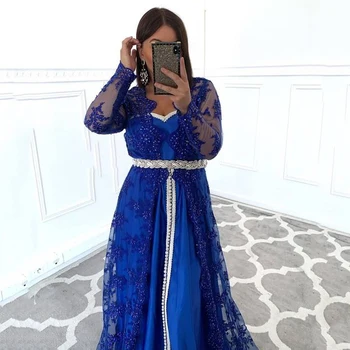 Royal Blå Marokkanske Kaftan Aften Kjole Med Lange Ærmer To Stykke Dubai Saudi-Arabisk Kjole Til Aften I Abaya Prom Dress