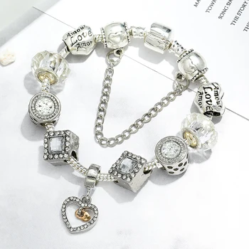 Sølv Farve Krystal Perler Armbånd & Armbånd Oprindelige Pulsera Med Kærlighed Hjerte Vedhæng Armbånd Til Kvinder Mode Smykker