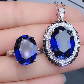 Luksus stor oval blå safir ædelstene, diamanter vedhæng halskæder til kvinder hvid guld sølv farve krystal smykker bijoux gave