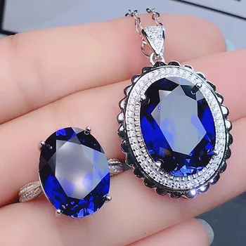 Luksus stor oval blå safir ædelstene, diamanter vedhæng halskæder til kvinder hvid guld sølv farve krystal smykker bijoux gave