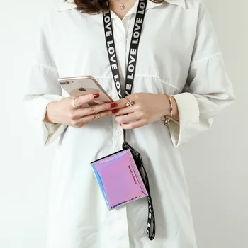 Skinnende Maling Læder Kort Tegnebog Kvinder Holografiske Pung Metallisk Farve Lanyard Hologram Kobling Kvindelige Mode Luksus Punge