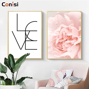 Conisi Nordiske Pink Blomster Væg Kunst, Lærred Malerier Black Line Wall Plakat Frisk Stil Hjem Indretning til Bearbejdning af Sted