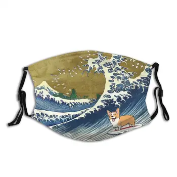 Corgi Dog Surfing Den Store Bølge Vaskbar Trykt Munden Ansigt Maske med Filtre, Vindtæt Støvtæt Beskyttelse Dækning af Respirator