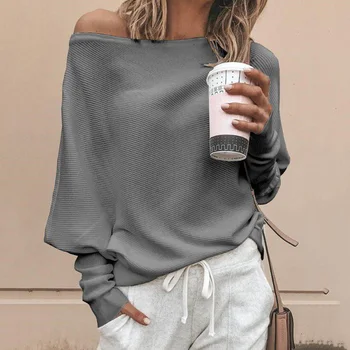 Batwing ærmet, casual løs sweater toppe pullover Mode efteråret off skulder strikket sweater Solid grey hvid strik jumper