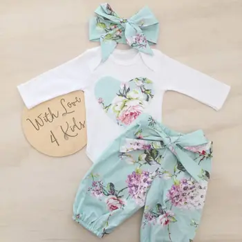 Nyfødte Kid Baby Pige tøj sæt Blomster med lange ærmer Buksedragt 3stk print Bukser +hovedbeklædning Tøj Sæt tøj