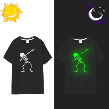 Hip Hop Fluorescerende Duppe Skelet Herre T-Shirt Punk Sorte Skjorter Lysende Mænd Skull T-Shirts Glød I Mørke Mele Tees