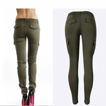 Grønne jeans kvinde militære stil Midten af Taljen Kvinder Strækning Blyant Jeans Mode Dobbelt Side Lommer Hær Jeans, Tynde Femme