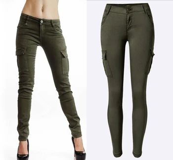 Grønne jeans kvinde militære stil Midten af Taljen Kvinder Strækning Blyant Jeans Mode Dobbelt Side Lommer Hær Jeans, Tynde Femme