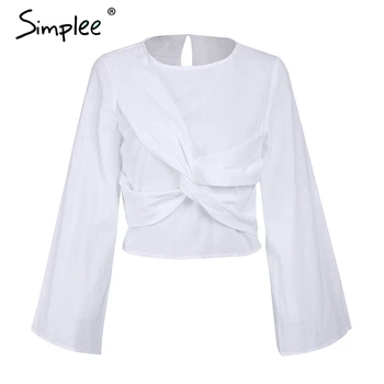 Simplee Efteråret tværs af flare ærmet bluse shirt Kvinder elegante korte hvide toppe blusas Feminina sommeren afslappet linned bluse blusa