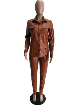 Adogirl Plus Størrelse S-3XL Kvinder Solid PU Læder To-delt Sæt langærmet Skjorte Top Blyant Bukser Mode Afslappet Jakkesæt Tøj