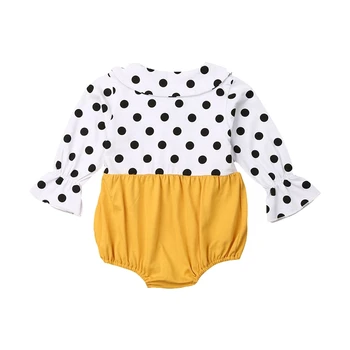 Baby Pige Sød Sparkedragt Nyfødte Piger Tøj Foråret Style Polka Dot Trompet Ærmer Shirt Gul Rem One-piece Jumpsuit Udstyr