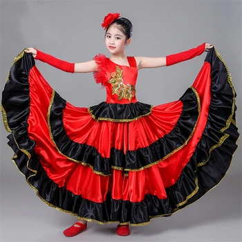 Børn spanske Flamengo-Kjole til Pige Tyrefægtning Børn Mavedans Kostume Ballroom Sigøjner Kor sceneoptræden Vestidos