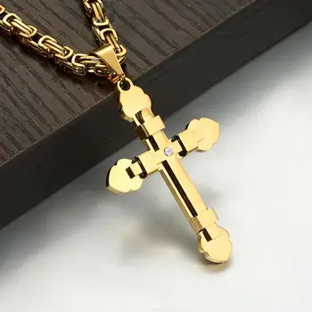 Poleret Kors Halskæde til Mænd i Rustfrit Stål, Sølv, Guld Farve Sort Farve Med 5mm Byzantinske Kæde Smykker
