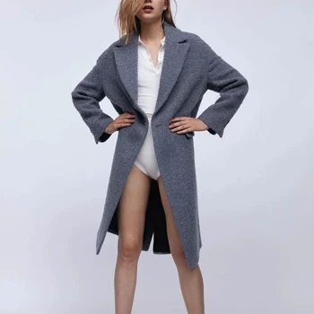 Heydress 2020 vinteren kvinder solid varm uld frakke offie dame elegant grå overfrakke kvindelige mode turn down krave lang frakke