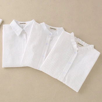 Foxmertor Bomuld Skjorte Af Høj Kvalitet Kvinder Bluse Efteråret Lange Ærmer Solid Hvid Shirts Slanke Kvindelige Casual Dame Toppe #05