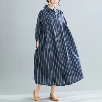 Johnature Efteråret Casual Stribet Kvinder Kjole 2021 Nye Enkle Løs Turn-down Krave Fuld Ærme 4 Farver koreansk Stil Skjorte Kjole