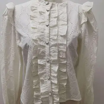 Kvinders Flæser Bluse Hvid Hule ud Broderi Lange Ærmer Enkelt Breasted Cotton Søde Toppe Dame Skjorte