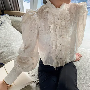 Kvinders Flæser Bluse Hvid Hule ud Broderi Lange Ærmer Enkelt Breasted Cotton Søde Toppe Dame Skjorte