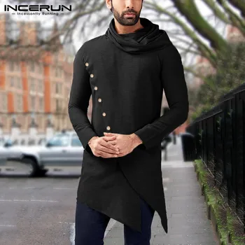INCERUN 2021 Mænd Indiske Shirts, langærmet Rullekrave Vintage Solid Knappen Uregelmæssige Lange Toppe Skjorter Mænd, Muslimsk Tøj