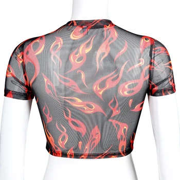 Sweetown Sexet Rave Mesh Gennemsigtig Sommer Top Flammende Ild Print Søde Femme T-Shirt Kort Ærme Crewneck T-Shirt 2019
