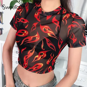 Sweetown Sexet Rave Mesh Gennemsigtig Sommer Top Flammende Ild Print Søde Femme T-Shirt Kort Ærme Crewneck T-Shirt 2019