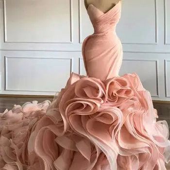 Luksus Pink Aften Kjoler Kæreste Differentieret Nederdel Flæser Havfrue Prom Kjoler Sweep Train vestido de novia