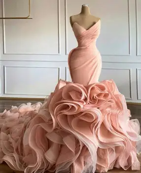 Luksus Pink Aften Kjoler Kæreste Differentieret Nederdel Flæser Havfrue Prom Kjoler Sweep Train vestido de novia