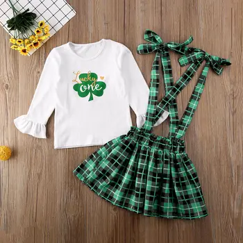 1-6Y St. Patrick ' s Day Toddler Baby Kid Pige Tøj Sæt Kløver langærmet T-shirt + Grøn Plaid Nederdele, Tøj, Kostumer til Børn