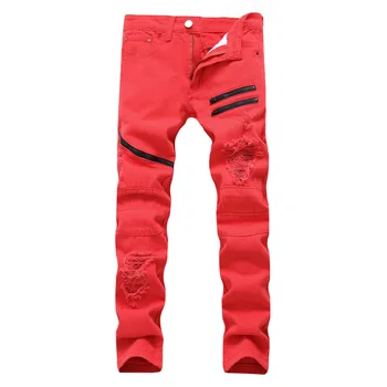 Hvid Rød Hul Slank Tynde mænd er slidte Jeans Flere Lynlås Dekoration Casual Hip Hop Jeans Mænd Streetwear Denim Bukser