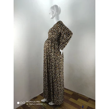 Langærmet høj hals Leopard Print Pjusket Midi barsel Kjole 2019 efterår og vinter gravid kjole Elegant komme sammen Kjoler