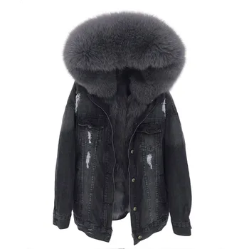 2020 vinter jakke, frakke kvinder Huller hvid Denim jakke virkelige store fox fur hooded kanin pels foring løs jakke koreanske NY