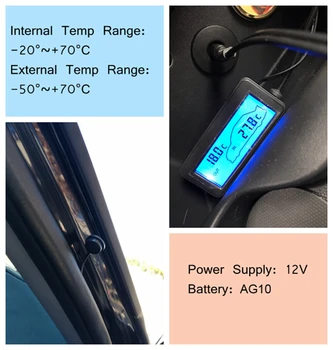 DC 12V Digital LCD-Bil Termometer Udendørs Indendørs -20C~+70C Temperatur Overvåge Vejr Station Med Baggrundslys