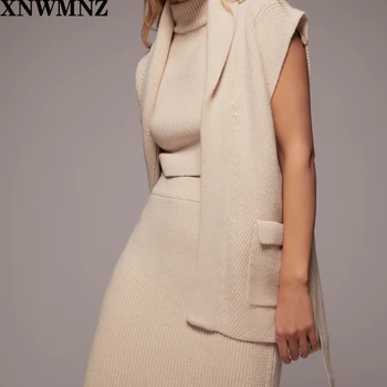 XNWMNZ Za kvinder 2020 strikket waisttcoat med bælte strik Krave vest Foran påsatte lommer Fastgørelse med bælte i samme stof