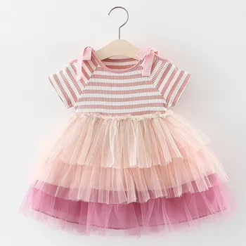 Ny Koreansk Stil Toddler Prinsesse Kids Baby Pige Sommer Kjole Ensfarvet, Stribet Syning Bomuld Party Kjole Casual Tøj