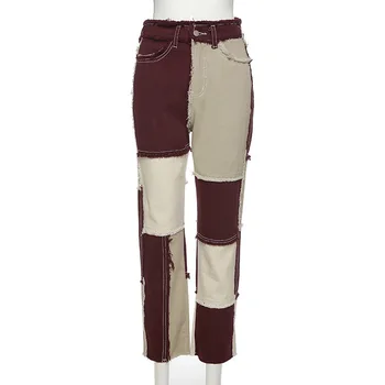 2020 Efteråret Kvinders New Høj Talje Slank Patchwork Alle-Match Kontrast Farve Casual Jeans Straight Leg bukser Bukser