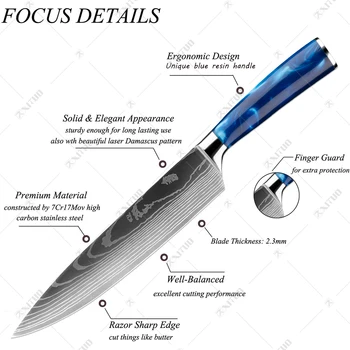 XITUO Over Otte Stykke køkkenkniv Sæt Unikke Blå Harpiks Håndtag Efterligning Damaskus Kokkens Kniv Traditionel Madlavning Værktøjer