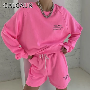 GALCAUR Udskriv Brev Pink To-delt Sæt Til Kvinder O Neck langærmet Toppe Høj Talje Bred Ben Casual Shorts Sæt Kvindelige 2020 Ny