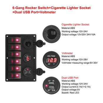 6 Bande-Rocker Switch Panel Digital Spænding Display 4.2 En Dual USB-stik Stik Med Sikring for Marine Rv Køretøjer, Truck Yacht