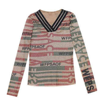 Efterår og Vinter V-Neck T-Shirt i Europæisk Tøj, Mode Kvinders Brev Print langærmet Dame Toppe Tendens Casual t-Shirts Nye T08507L