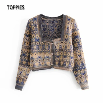 Toppies 2021 Kvinde Jacquard Strikket Jakke Vintage Cardigan Sweater Single-Breasted Square Neck Tops