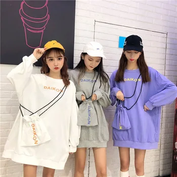 Harajuku koreanske langærmede tshirt kvinder t-shirt med taske kawaii tøj 2020 doven vind student t-shirt i overstørrelse brev udskriv