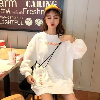 Harajuku koreanske langærmede tshirt kvinder t-shirt med taske kawaii tøj 2020 doven vind student t-shirt i overstørrelse brev udskriv