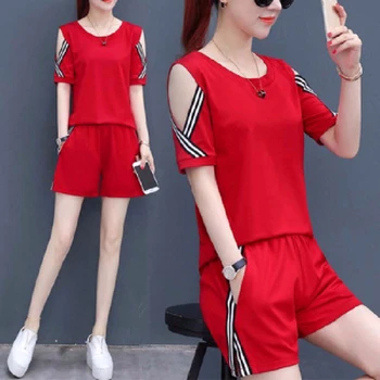 2020 sommeren er en ny mode kvindelige tøj koreanske løs off-shoulder kort ærme t-shirt sort casual træningsdragt kvinder, to-delt sæt